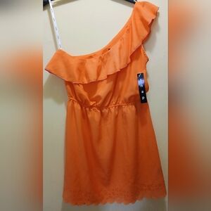 Snap Orange Asymmetrical Ruffled One-Shoulder Dress With Laser Cut Hem